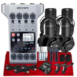 SonicSound Technologies Zoom PodTrak P4 Portable Multitrack Podcast Recorder, Audio Interface w/ 4 Mic Inputs, 4 Headphone Outputs with 2X Zoom DM1-PMP Podcast Mic Pack, 2X Headphone Hanger, Rechargeable Batteries & More