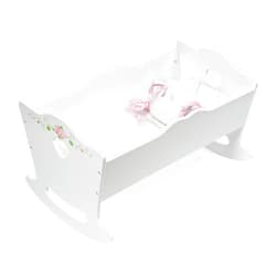 Badger Basket Doll Cradle with Deluxe Bedding – Charming White and Rose Design for 18 to 20-Inch Dolls, Complete with Personalization Kit and Pillows