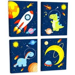KAIRNE Outer Space Dinosaur Room Decor,Solar System Stars Wall Canvas Poster,Set Of 4 (12X16inch,framed) Planet Astronaut Art Print,Rocket Decor for Boys Room Toddler Kids Room Classroom Space Decor