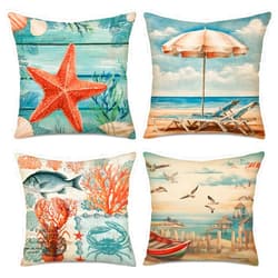 Xihomeli Set of 4 Retro Ocean Style Cushion Cover Case Vintage Farmhouse Pillow Case Sea Beach Marine Life and Sailboat Design Cotton Linen Throw Pillow Covers 18x18 Inches