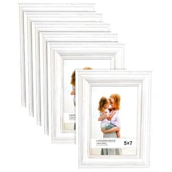 Langdon House 5x7 Real Wood Picture Frames (6 Pack, Weathered White - Gold Accents), White Wooden Photo Frame 5 x 7, Wall Mount or Table Top, Lumina Collection