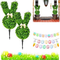 Linnavarv Easter Bunny Topiary Outdoor, Topiary Bunnies, Topiary Trees Artificial Outdoor, Bunny Topiary Outdoor Set of 2, Topiary Bunnies for Porch, 17.7 Inch Uv-Resistant-Indoor Outdoor Porch Decor (2Pcs)