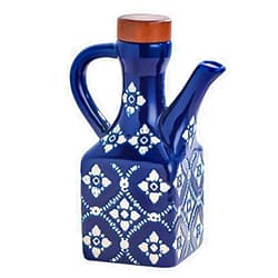 Gnlnkn Blue Ceramic Olive Oil Dispenser Bottle for Kitchen, 8.5 oz Cruet for Avocado Oil with Handle & Wooden Stopper, Small Decorative Oil and Vinegar Dispenser Set, Oil Container Cruet for Olive