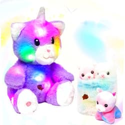 Hopearl LED Plush Cat with Removable Bucket Lighting Up Stuffed Mommy Cat with 3 Baby Kittens in The Basket Floppy Stuffed Animal Playset Night Lights Glow in The Dark Birthday Gifts for Kids, 12''