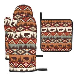 LANAIQO Vintage Rustic Oven Mitts and Pot Holders Sets of 3 Heat Resistant Hot Pads Bear Mountain Oven Gloves for Kitchen Cooking BBQ Baking