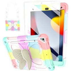 BLOSOMEET Pink Kids Case for iPad 9th/8th/7th Generation 2021/2020/2019 10.2 Inch with Tempered Glass Screen Protector & Butterfly Stand Cover for iPad 10.2 with Shoulder Strap Pencil Holder