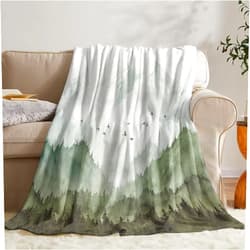 Neasow Watercolor Mountain Forest Fleece Throw Blanket, Nature Misty Foggy Sage Green Tree Landscape Art Nap Blankets Gift Sofa Bed Couch Chair or Dorm Throws 40×50 inches