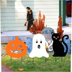 YoleShy 3 Pack Halloween Garden Decorations, Metal Halloween Pumpkin, Ghost, Black Cat Yard Signs with Stake, Cute Halloween Outdoor Decorations for Yard Lawn Garden