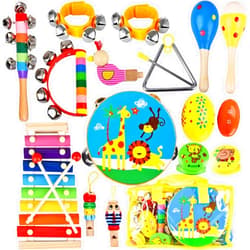 INLAIER Kids Musical Instruments Set, 20 Pcs Wooden Shakers Percussion Instruments Tambourine Xylophone Toys, Child Early Learning Musical Toys for Boys and Girls Gifts Present with Carrying Bag