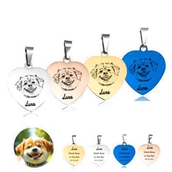ERWLH Personalized Pet Mom Gifts Custom Portrait tag（Heart, with Engraved Sketch Photo Personalized Dog Cat ID tag for Animal Lover，Available in Gold, Silver, Rose Gold, and Blue