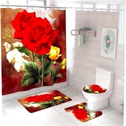 HLLbuy 4PCS Flowers Shower Curtain Set with Rugs and Accessories Bathroom Sets with Fabric Shower Curtain Waterproof Durable