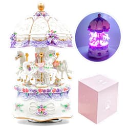 AttoShow Carousel Music Box，Luxury Color Change LED Light Music Box,Luminous Rotating 3-Horse Musical Box with Gift Box for Girls Birthday Valentine Gift (Castle in The Sky, Purple)