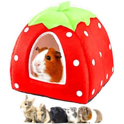 Mygeromon Guinea Pig Bed Rabbit Hideout Warm Fleece Cuddle Cup Washable Winter Sleeping House for Small Pet/Ferret/Chinchilla/Bunny (Strawberry Style)