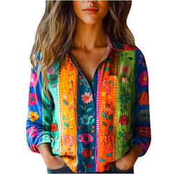 Generic Womens Ethnic Shirts Floral Print Button Down Shirt Lightweight Fashion Linen Long Sleeve Blouse Boho Shirts Casual Tops
