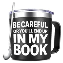 Qtencas Be Careful Or You'll End Up In My Book Insulated Coffee Mug, 14oz Gifts for Literary and Library, Personalized Writer Gifts for Men, Author Book Lovers Gifts for Christmas Birthday, Black