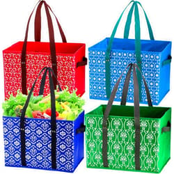 WUWEOT 4 Pack Reusable Grocery Bags, Large Shopping Box Tote, Foldable Washable Storage Bins with Reinforced Bottom Heavy Duty Handles for Fruit Vegetable Clothes Toys and Picnic