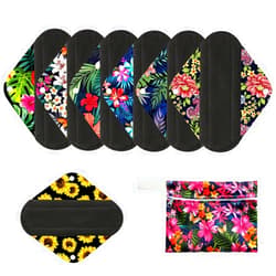 MissC2C 7pcs/Set Reusable Menstrual Pads Including 1pc Mini Wet Bag +6pcs Bamboo Charcoal Cloth Menstrual Incontinence Pads/Reusable Sanitary/Mama Panty Liners (All Randomly Prints)