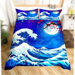 Feelyou Japanese Wave Bedding Set Twin Size Kids Ocean Wave Comforter Cover Set for Boys Girls Teens Cherry Blossoms Home Decor Duvet Cover Blue Japanese-Style Bedspread Cover