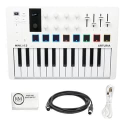 Arturia MiniLab 3 Compact MIDI Keyboard and Pad Controller | White Bundle with 6ft MIDI Cable + Microfiber Cleaning Cloth (3 Item)