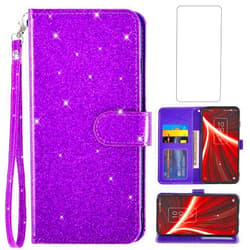 Asuwish Phone Case for TCL 10 5G UW Verizon with Tempered Glass Screen Protector and Glitter Wallet Cover Card Holder Slot Stand Accessories Flip TCL105GUW TLC 105GUW G5 5GUW T790S Women Men Purple