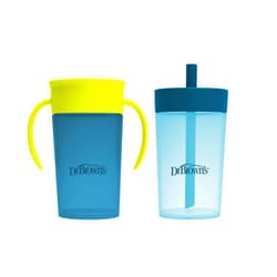 Dr. Brown's Milestones Straw to 360° Cup Set, Convertible Toddler Training Cup Set with Interchangeable Silicone Straw and 360 Degree Cup Lids, Blue Green, 10 oz/300 mL, BPA Free, 9m+, 2 Pack