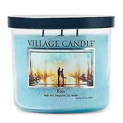 Village Candle Rain Medium Bowl Three Wick Candle, 14 Net Ounces , Blue