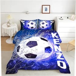 ZBIGTEE Soccer Comforter Twin Set Queen Size Theme Bedding Set Soccer Bed for Kids Boys Teen Blue Flame Pattern Printed 3Pcs Quilts Bed Set with 2 Pillowcases Boys Room Decor for All Season