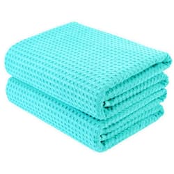 POLYTE Microfiber Oversize Quick Dry Lint Free Bath Towel, 60 x 30 in, Set of 2 (Aqua, Waffle Weave)