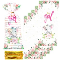 Yinder 100 Pack Pink Elephant Baby Shower Cellophane Treat Bags Cute Elephant Candy Bags Pink Elephant Baby Shower Supplies Favor Bags Goodie Bags with 150 Pieces Gold Twist Ties for Birthday Party Supplies