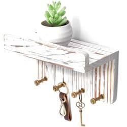 Rebee Vision Farmhouse Key Holder Wall Mount - Decorative Key and Mail Holder for Wall with Small Floating Shelf and 4 Key Hooks - Room Decor Aesthetic (Whitewash)