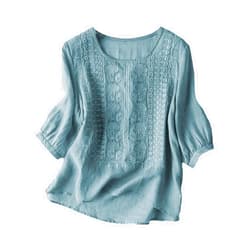 Generic Women Linen Shirts Embroidered 3/4 Sleeve Crew Neck Boho Gauze Tops 2025 Summer Lightweight Ladies Blouses Loose Fit Tunics