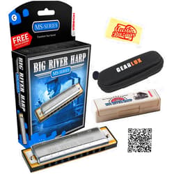 Hohner Big River Harp MS Harmonica - Key of A Bundle with Case, Pouch, Online Manual, and Austin Bazaar Polishing Cloth