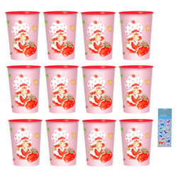 Amscan Strawberry Shortcake Birthday Party Supplies Bundle includes 12 Plastic Reusable Cups 16oz and 1 Dinosaur Sticker Sheet