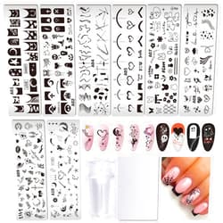 AddFavor Nail Stamper Kit 8pcs Nail Stamping Plates French Geometric Heart Star Image Nail Stencils with Silicone Stamp and Scraper for Women Girls Summer Nail Art Design Supplies Tools