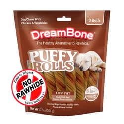 Dreambone Puffy Rolls Chews for Dogs, 8 Count, Treat Your Dog to Easy-to-Digest Rawhide-Free Chews Made with Real Peanut Butter and Bison