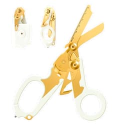 Kannino 6 In1 Emergency Response Shears Trauma Shears Multifunctional Self-luminous Scissors with Strap Cutter and Glass Breaker Outdoor Camping Rescue Scissors Tools with Holster (Gold)
