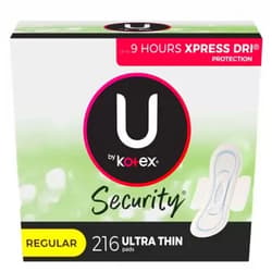 U by Kotex Security Ultra Thin Feminine Pads with Wings, Regular Absorbency, Unscented, 216 Count (6 Packs of 36) (Packaging May Vary)