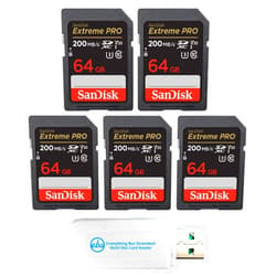 SanDisk 64GB (Five Pack) Extreme Pro Memory Card (SDSDXXY-064G-GN4IN) SDXC 4K V30 UHS-I with Everything But Stromboli (TM) Combo Reader