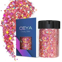 Ceya Holographic Chunky Glitter, 4.9oz/ 140g Pink Mauve Craft Glitter Powder Mixed Fine Flakes Iridescent Nail Sequins for Roses Nail Art, Hair, Epoxy Resin, Tumblers, Slime, Painting, Festival Decor