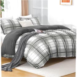MUXHOMO Duvet Cover Queen Size, 3 Pieces Plaid Duvet Cover Set, Reversible Light Grey Bedding Set with Dual-Zipper & 8 Corner Ties (90