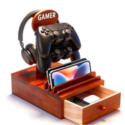 Cxtyerak Gamer Controller Holder Headphone Stand with Storage Drawer for Gaming Equipment,Wood Gamer Gifts for Teenage Boy,Headpset Stand Gaming Desk Accessories for Men,Brother,Son,Boyfriend,Husband