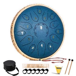 HOPWELL Steel Tongue Drum - 15 Note 12 Inch Tongue Drums - Percussion Instruments - Hand Pan Drum with Music Book, Drum Mallets and Carry Bag, D Major, Navy Blue