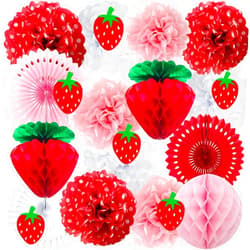 ANSOMO Strawberry Party Decorations Red Pink White Tissue Pom Poms Fans Honeycom Balls Lanterns Garland Classroom Berry Sweet Fruits 1st One Birthday Bridal Baby Shower Décor Supplies Girls