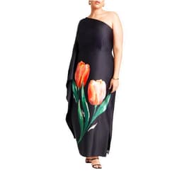 ELOQUII Women's Plus Size One Shoulder Dramatic Sleeve Dress - 24, Painted Tulips