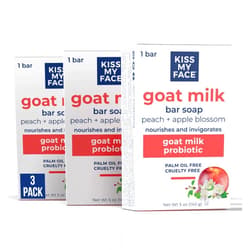 Kiss My Face Goat Milk Bar Soap, With Goat Milk and Probiotics, Nourishes and Invigorates, Bar Soaps for Hands and Body, Cruelty Free and Palm Oil Free, Peach and Apple Blossom Scents, Pack of 3