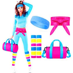 SATINIOR 80s Workout Costume Set Rainbow Leg Warmers Blue Sweatband Pink Belt Gym Bag Neon Outfit Accessories for Halloween Party