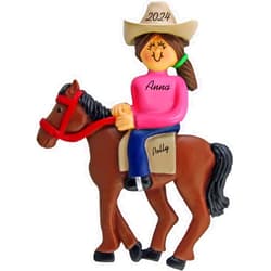 Calliope Designs Horseback Riding Personalized Christmas Ornament - Female - Brown Hair - Handpainted Resin - Western Eastern Dressage - Horse Name, Rider Name and Year