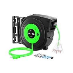 DEWENWILS Retractable Extension Cord Reel, 40 FT Heavy Duty Power Cord, 12/3C SJTOW Retractable Cord Reel, Lighted Triple Tap Outlets, 15A Circuit Breaker, Wall/Ceiling Mount, UL Listed, Green
