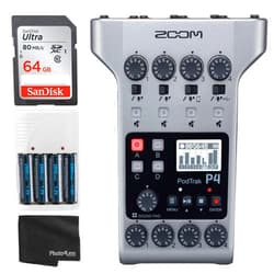 Zoom PodTrak P4 Portable Multitrack Podcast Recorder + 64GB Ultra SDXC Memory Card + 4X AA Batteries & Charger + Cleaning Cloth – Ultimate Podcasting Bundle