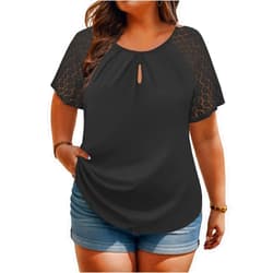 ROSRISS Plus-Size-Womens-Summer-Tops Lace Raglan Short Sleeve T Shirts Pleated Keyhole Crew Neck Blouses Trendy Tunics Tee